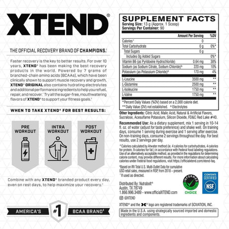 Tabla nutricional del suplemento XTEND Original 7g BCAA Strawberry Kiwi Splash 90 servicios