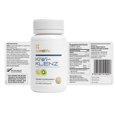Tabla nutricional del suplemento XtendLife Kiwi-Klenz Complejo de Kiwi, Prebióticos y L-Glutamina 60 cápsulas