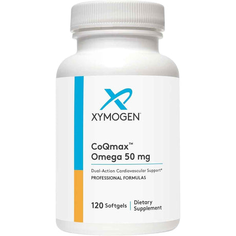 Frasco frontal de XYMOGEN CoQmax Omega 50 mg, 120 cápsulas blandas