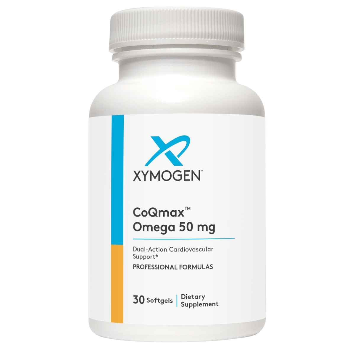 Frasco frontal de XYMOGEN CoQmax Omega 50 mg, 30 cápsulas blandas