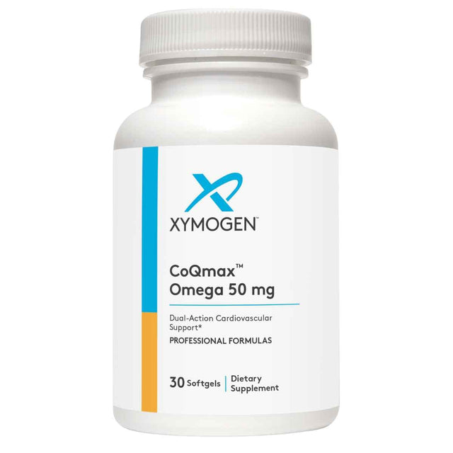 Frasco frontal de XYMOGEN CoQmax Omega 50 mg, 30 cápsulas blandas