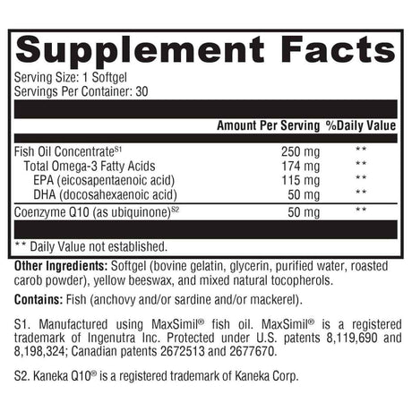 Información del suplemento de XYMOGEN CoQmax Omega 50 mg, 30 cápsulas blandas