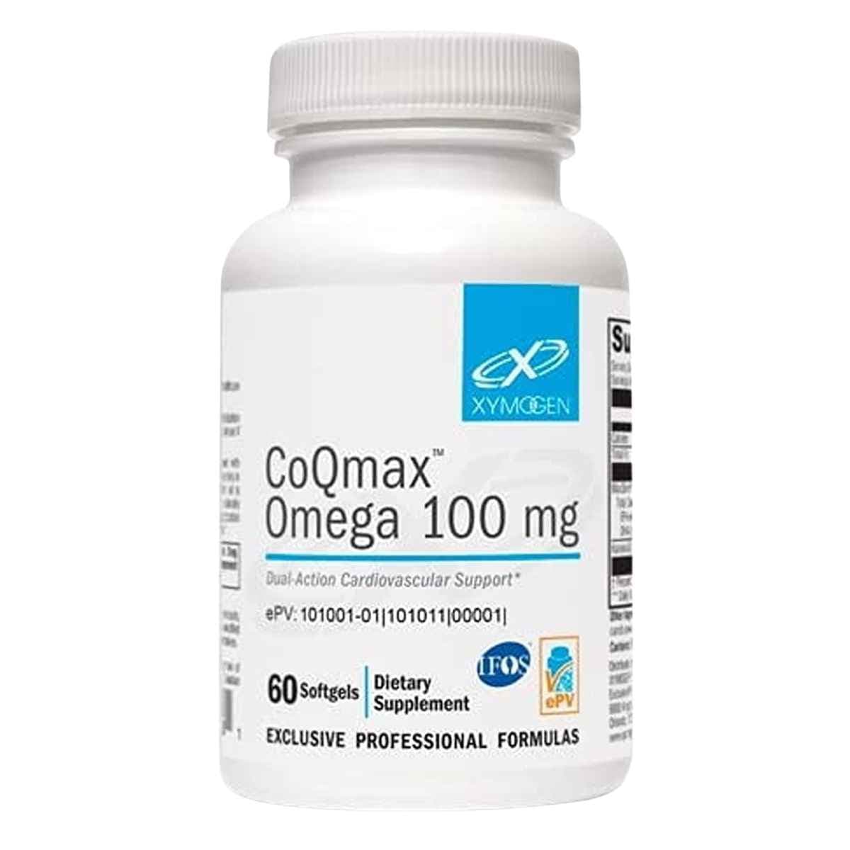 Frasco frontal de XYMOGEN CoQmax Omega CoQ10 100 mg, 60 cápsulas blandas