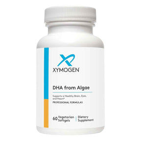 Frasco frontal de XYMOGEN DHA de algas, presentación de 60 cápsulas blandas.
