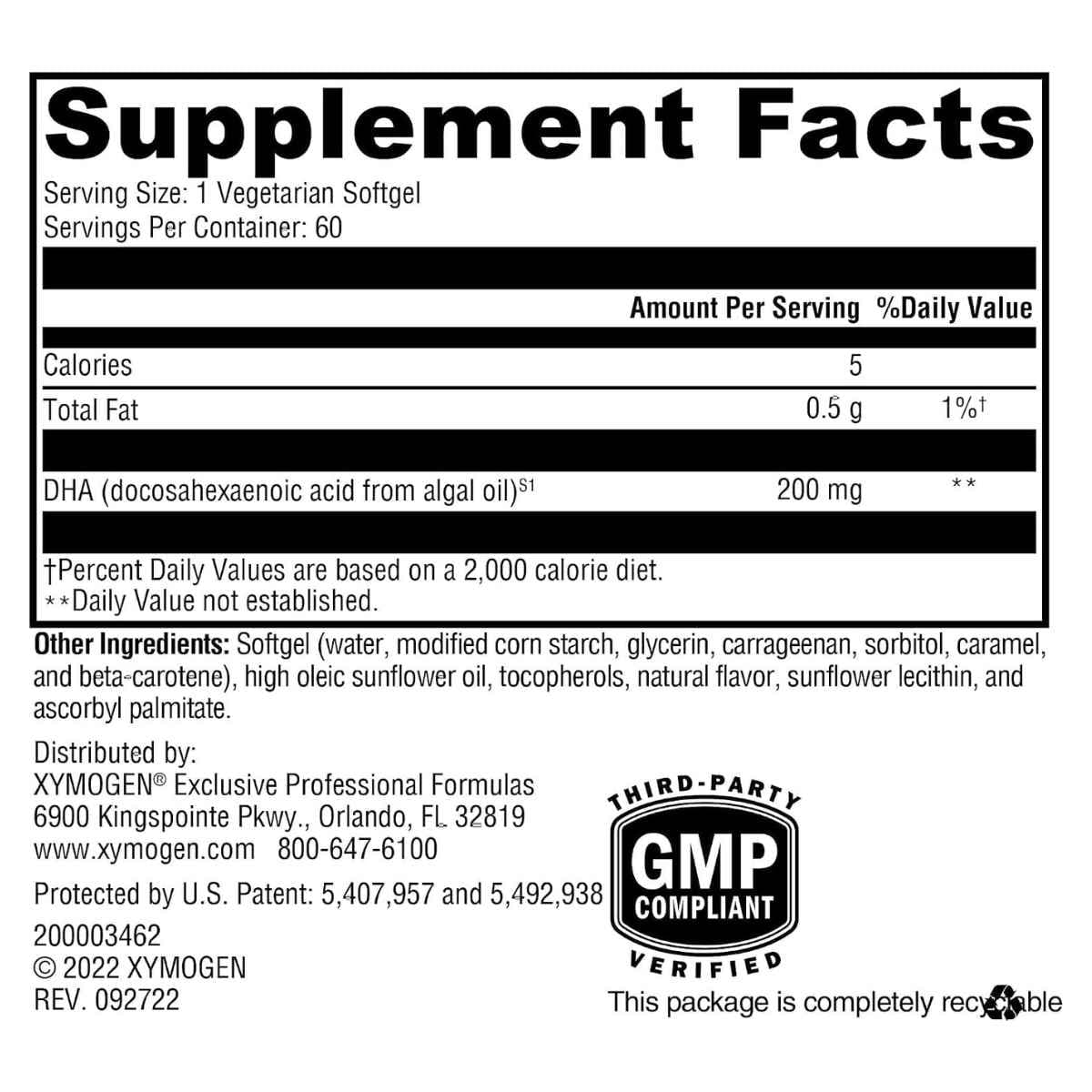 Panel de información del suplemento de XYMOGEN DHA de algas con 200 mg de DHA por cápsula blanda.