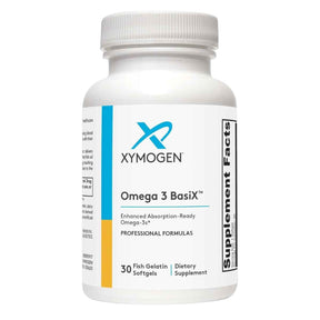 Frasco frontal de XYMOGEN Omega 3 BasiX 430 mg, 30 cápsulas blandas