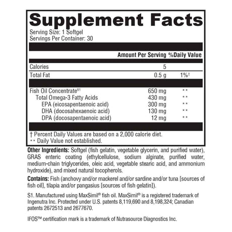 Información del suplemento de XYMOGEN Omega 3 BasiX 430 mg, 30 cápsulas blandas