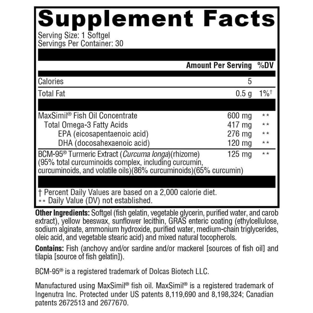Información del suplemento de XYMOGEN Omega MonoPure Curcumin EC, 30 cápsulas blandas