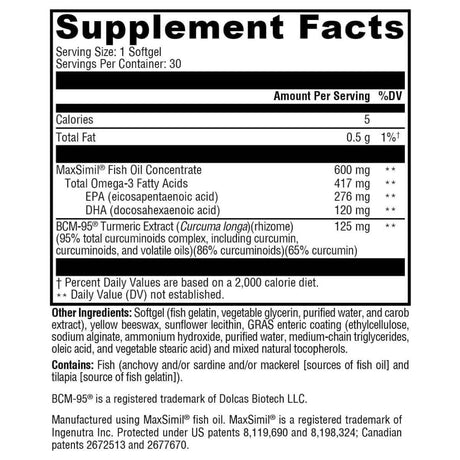 Información del suplemento de XYMOGEN Omega MonoPure Curcumin EC, 30 cápsulas blandas