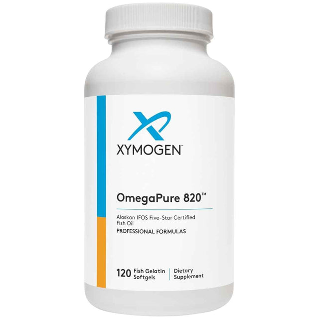 Frasco frontal de XYMOGEN OmegaPure 820 omega 3, 120 cápsulas blandas