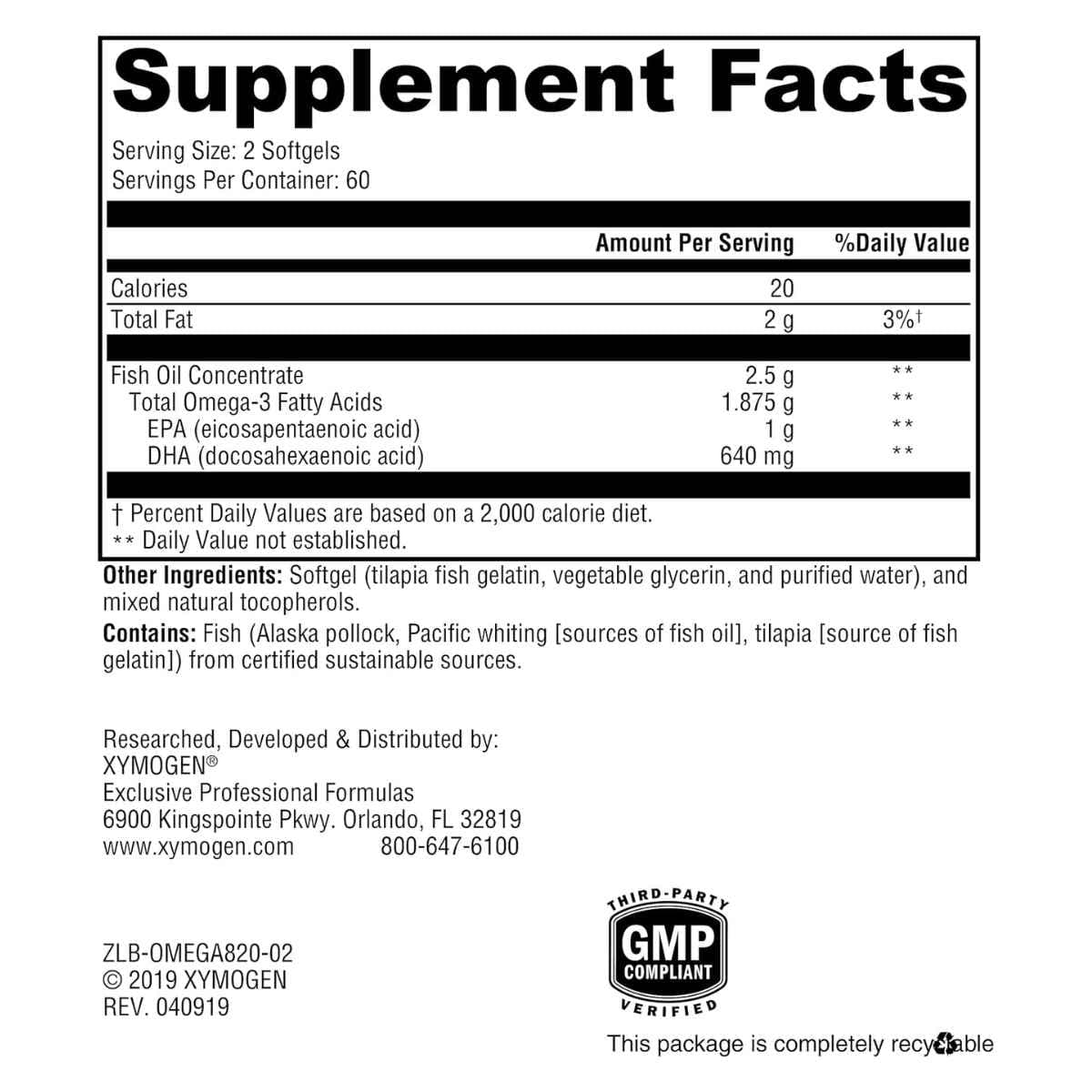 Información del suplemento de XYMOGEN OmegaPure 820 omega 3, 120 cápsulas blandas