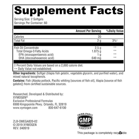 Información del suplemento de XYMOGEN OmegaPure 820 omega 3, 120 cápsulas blandas