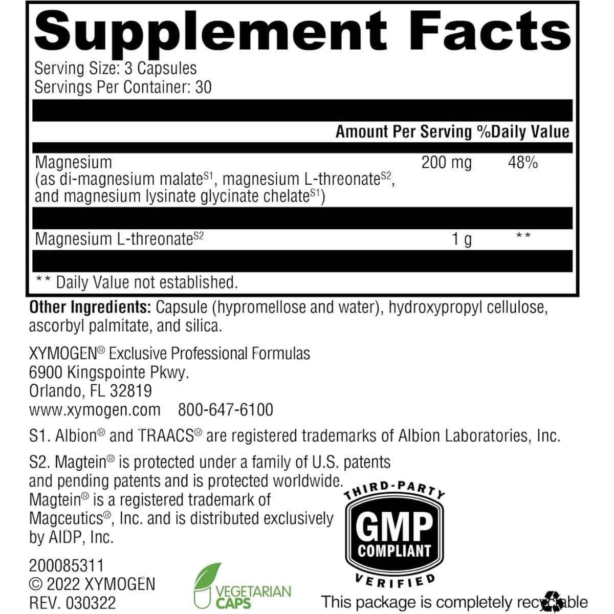 Etiqueta del suplemento XYMOGEN OptiMag Neuro