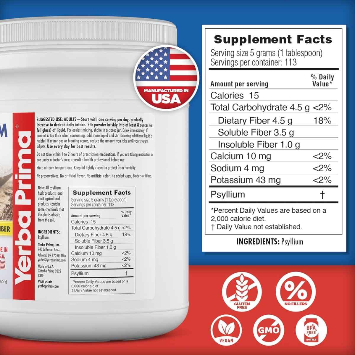 Tabla nutricional del suplemento Yerba Prima Cáscaras Enteras de Psyllium 567 g polvo