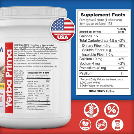 Tabla nutricional del suplemento Yerba Prima Cáscaras Enteras de Psyllium 567 g polvo