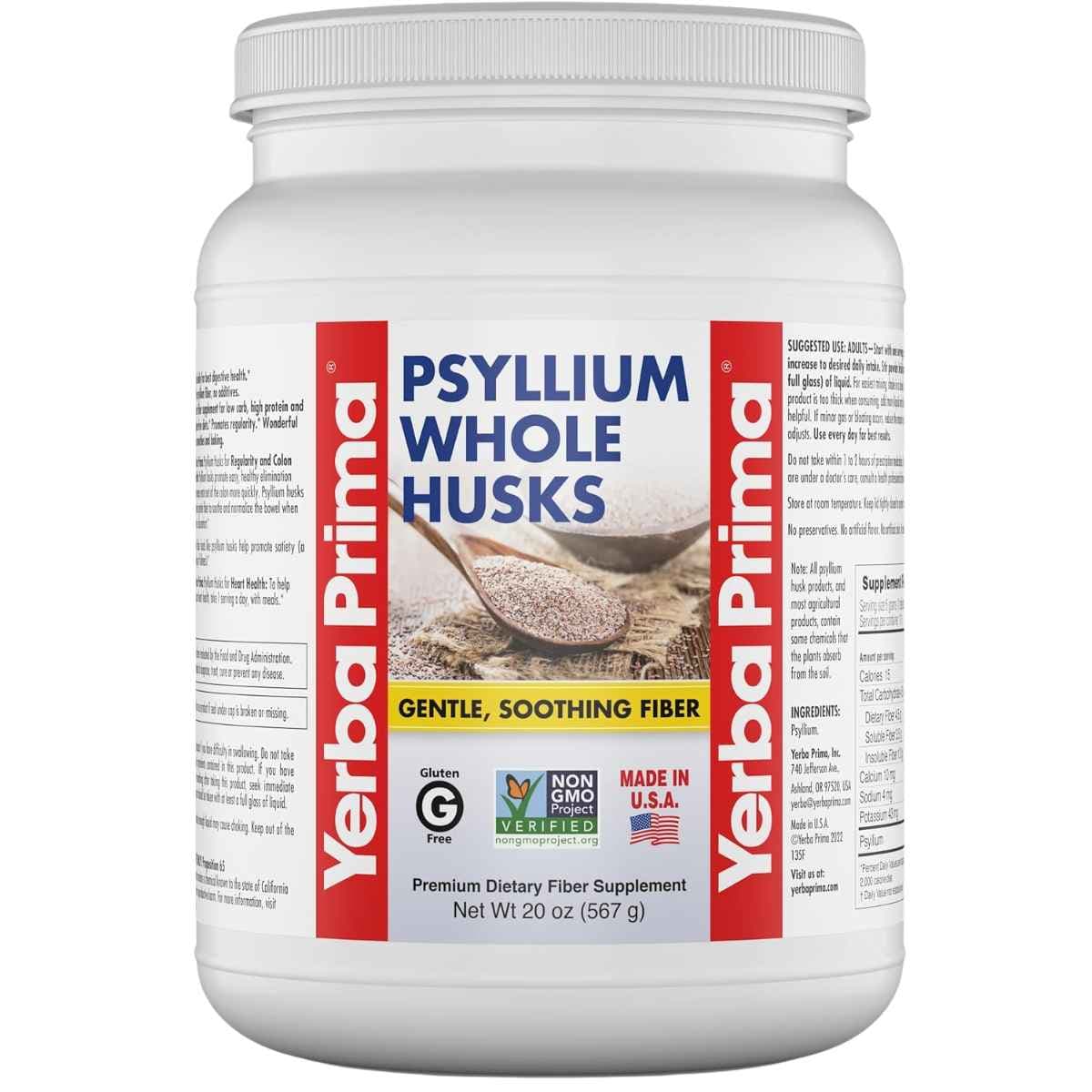 Frasco de suplemento Yerba Prima Cáscaras Enteras de Psyllium 567 g polvo