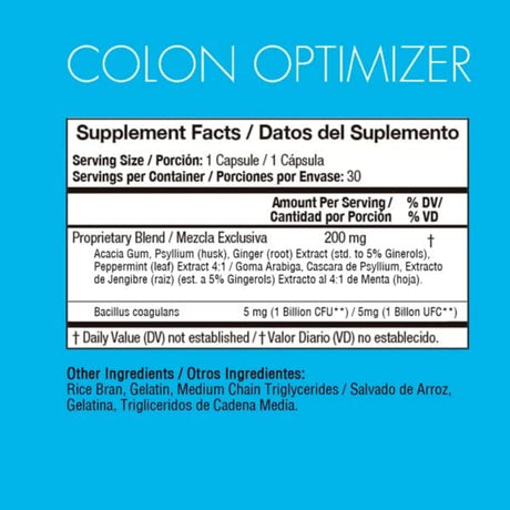 Tabla nutricional del suplemento YES YOU CAN. Optimizador de Colon 30 cápsulas