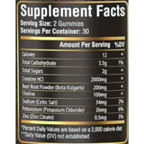 Tabla nutricional del suplemento YI Nutrition Creatina HCL Sabor Fresa 90 gomitas