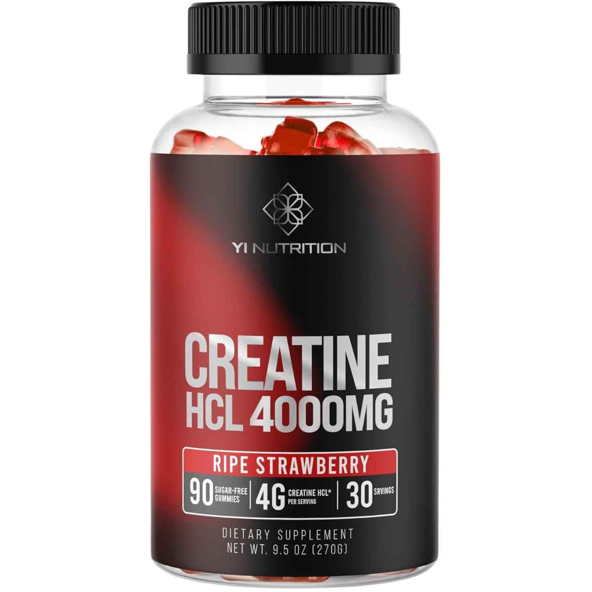 Frasco de suplemento YI Nutrition Creatina HCL Sabor Fresa 90 gomitas