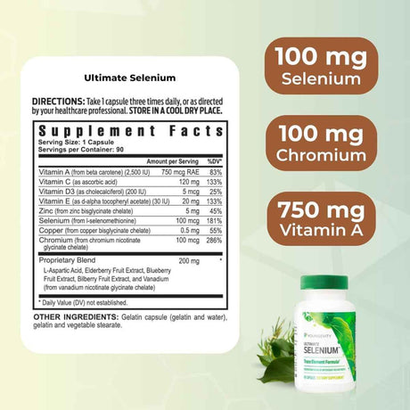 Tabla nutricional del suplemento Youngevity Selenio 90 cápsulas