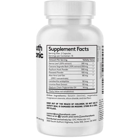 Tabla nutricional del suplemento Youth & Tonic Limpieza de 15 Días 30 Cápsulas