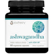 Frasco frontal de Youtheory ashwagandha con 60 cápsulas