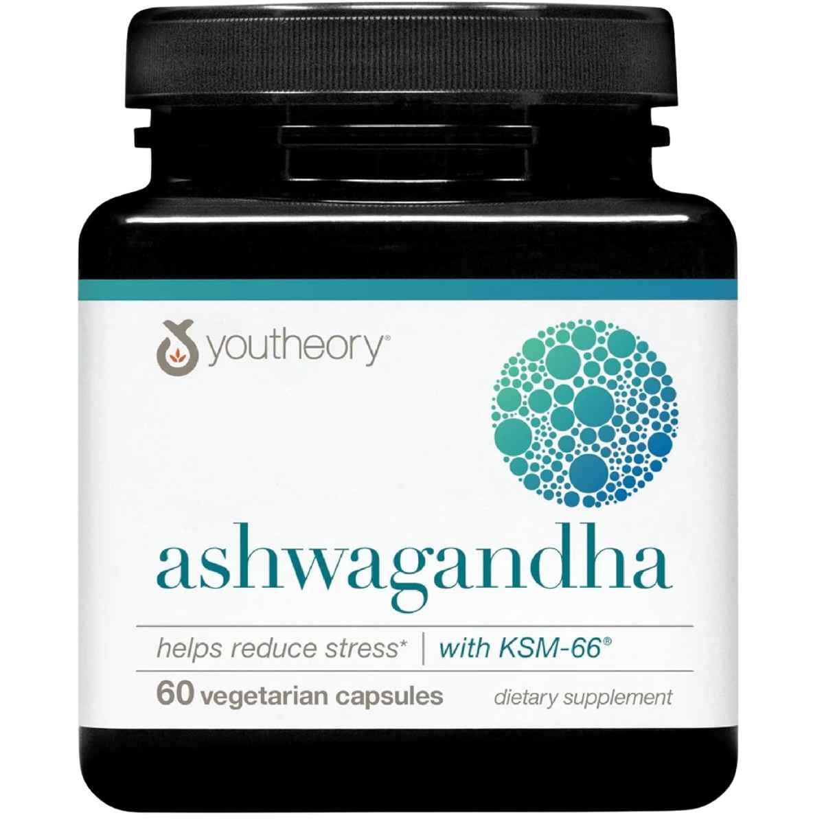 Frasco frontal de Youtheory ashwagandha con 60 cápsulas