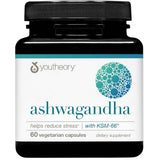 Frasco frontal de Youtheory ashwagandha con 60 cápsulas