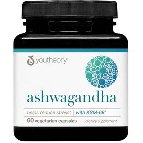 Frasco frontal de Youtheory ashwagandha con 60 cápsulas