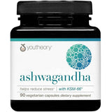 Frasco frontal de Youtheory ashwagandha con 90 cápsulas