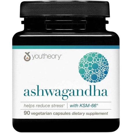 Frasco frontal de Youtheory ashwagandha con 90 cápsulas