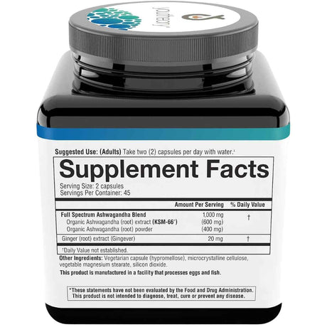 Información del suplemento de Youtheory ashwagandha de 90 cápsulas