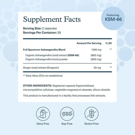 Tabla nutricional del suplemento Youtheory Ashwagandha KSM-66 1000 mg 60 Cápsulas Vegetarianas