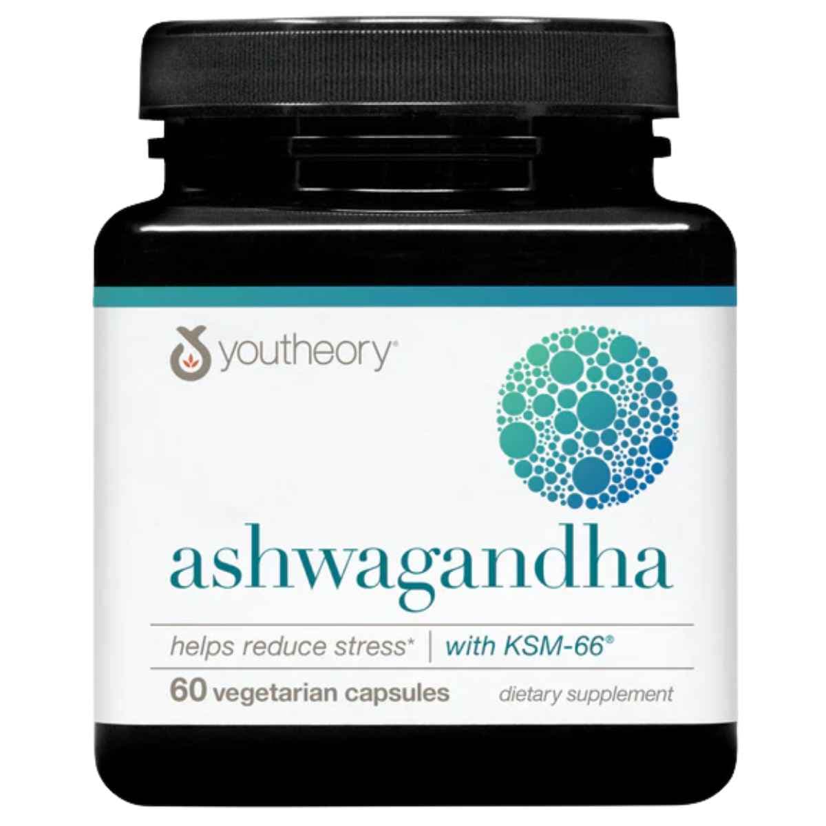 Frasco de suplemento Youtheory Ashwagandha KSM-66 1000 mg 60 Cápsulas Vegetarianas