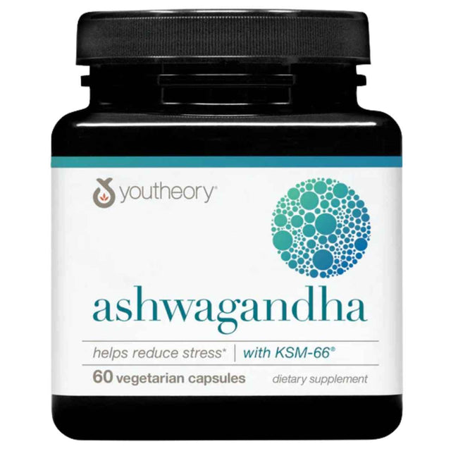 Frasco de suplemento Youtheory Ashwagandha KSM-66 1000 mg 60 Cápsulas Vegetarianas