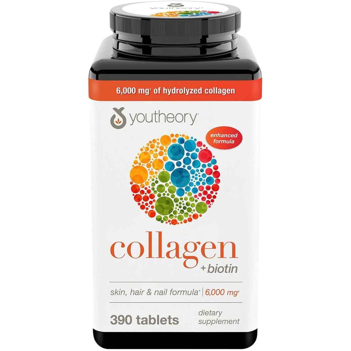 Frasco frontal de Youtheory Colágeno con Biotina, presentación de 390 tabletas