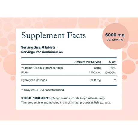 Información del suplemento Youtheory Colágeno con Biotina: 6000 mg de colágeno hidrolizado por porción