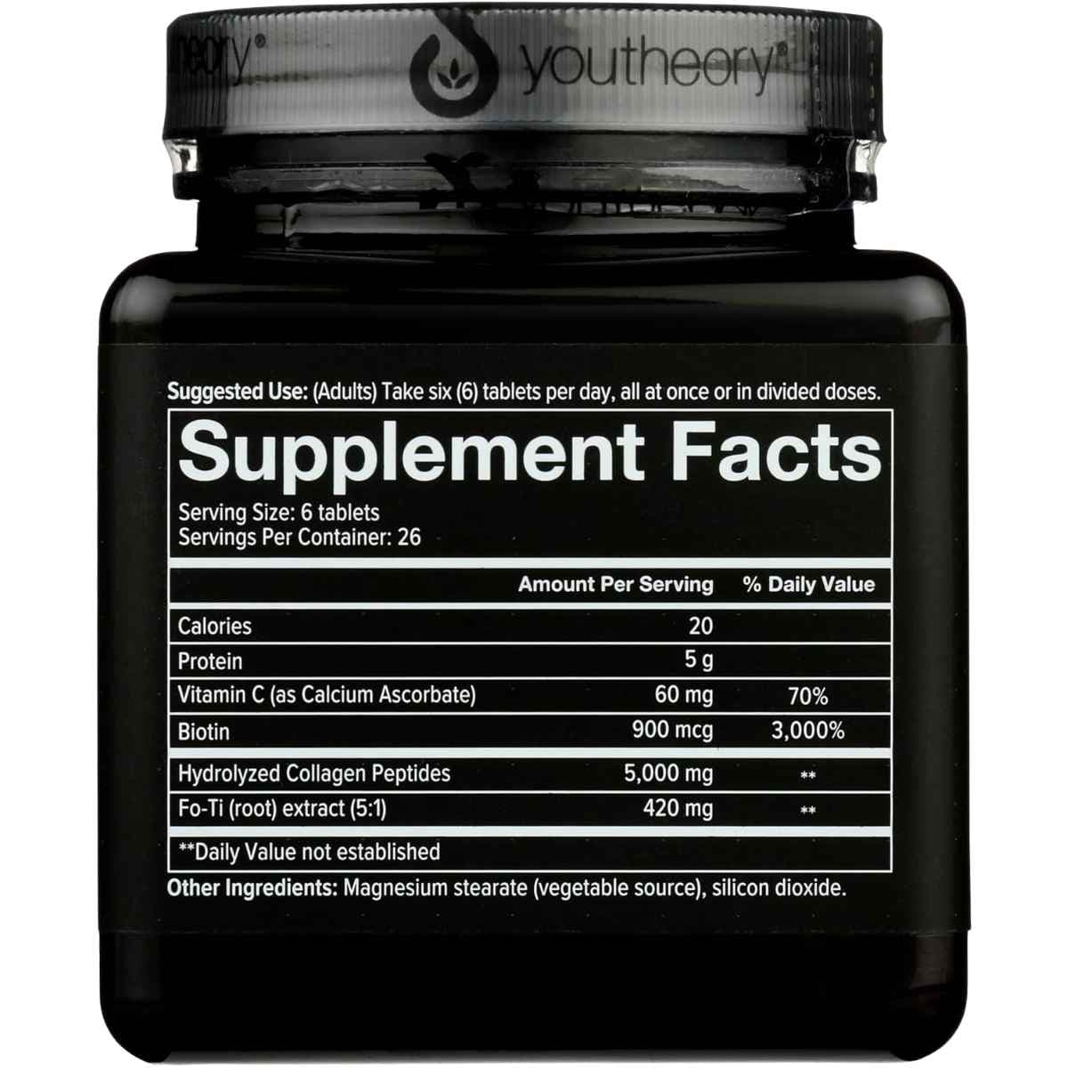 Tabla nutricional del suplemento Youtheory Colágeno Hidrolizado para Hombres 160 tabletas