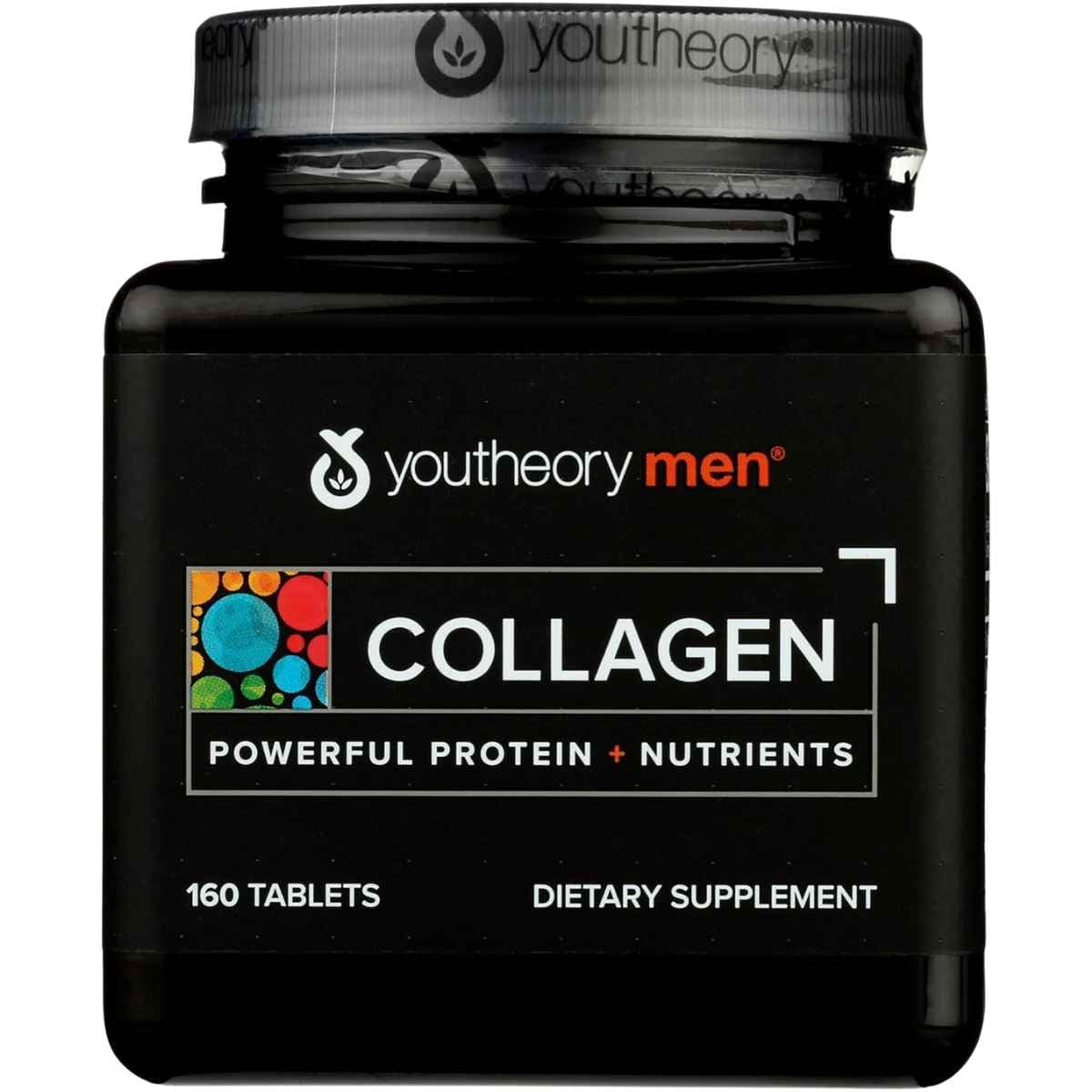Frasco de suplemento Youtheory Colágeno Hidrolizado para Hombres 160 tabletas