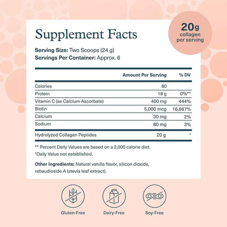 Tabla nutricional del suplemento Youtheory Colágeno Hidrolizado Vainilla 4.7 oz en polvo