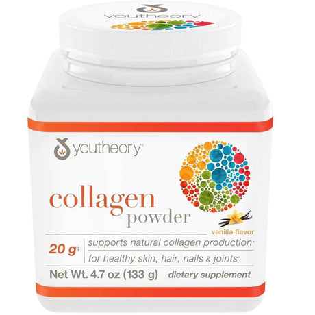 Frasco de suplemento Youtheory Colágeno Hidrolizado Vainilla 4.7 oz en polvo