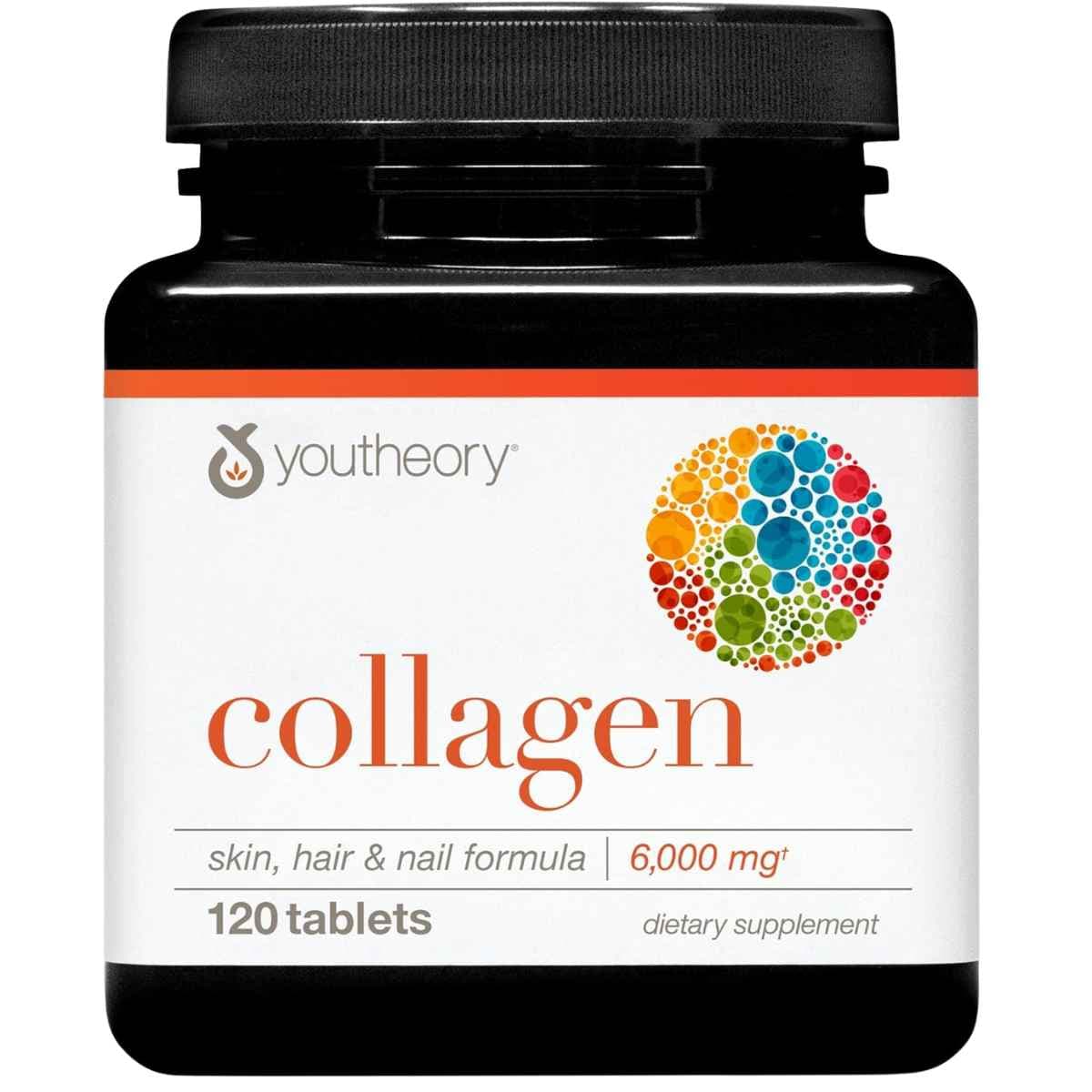 Frasco de suplemento Youtheory Colágeno Hidrolizado y Vitamina C 120 tabletas