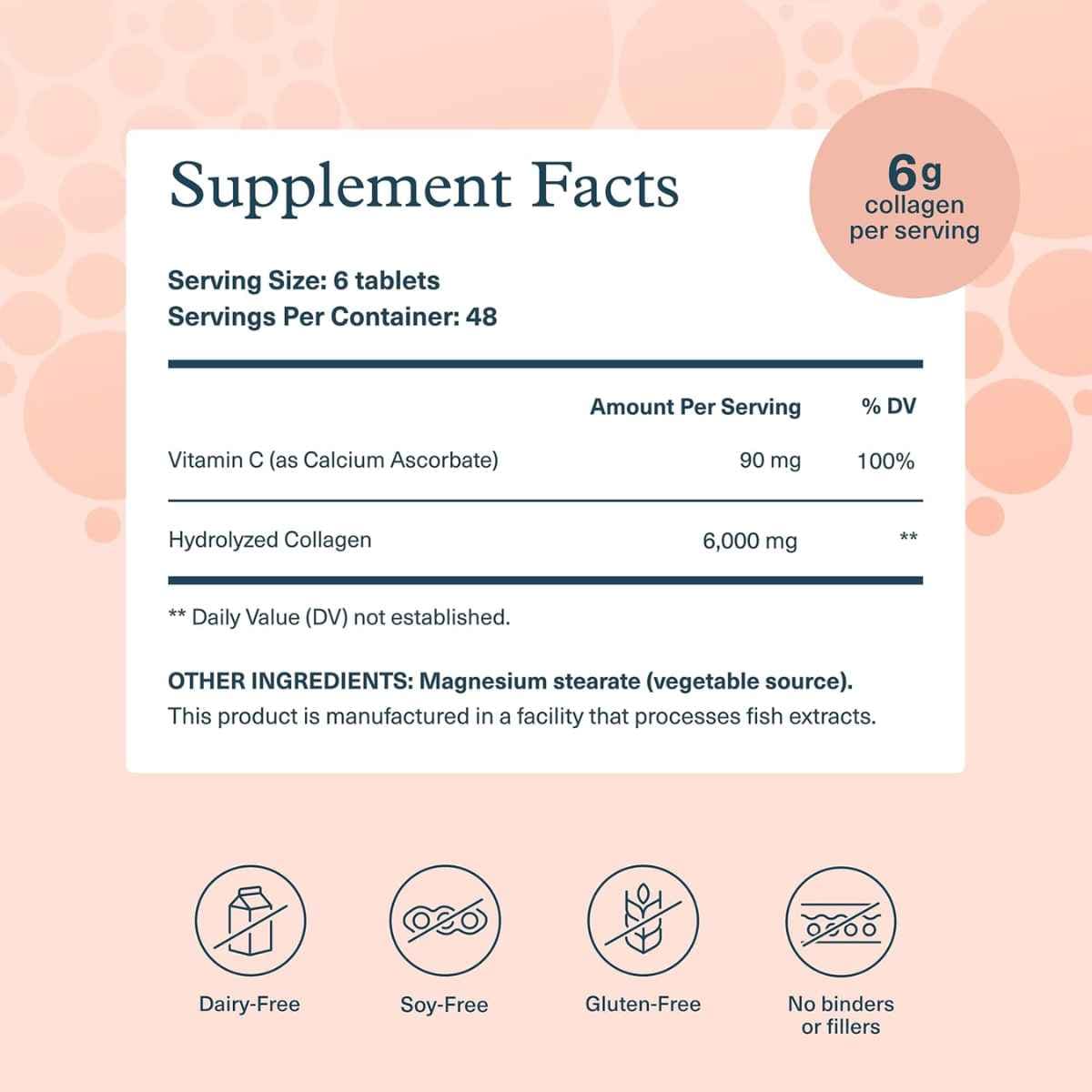 Tabla nutricional del suplemento Youtheory Colágeno Hidrolizado y Vitamina C 290 tabletas