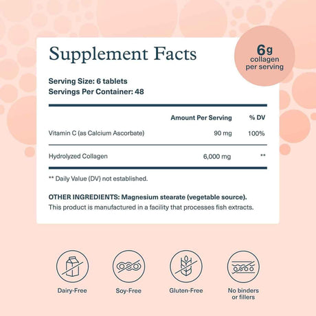 Tabla nutricional del suplemento Youtheory Colágeno Hidrolizado y Vitamina C 290 tabletas