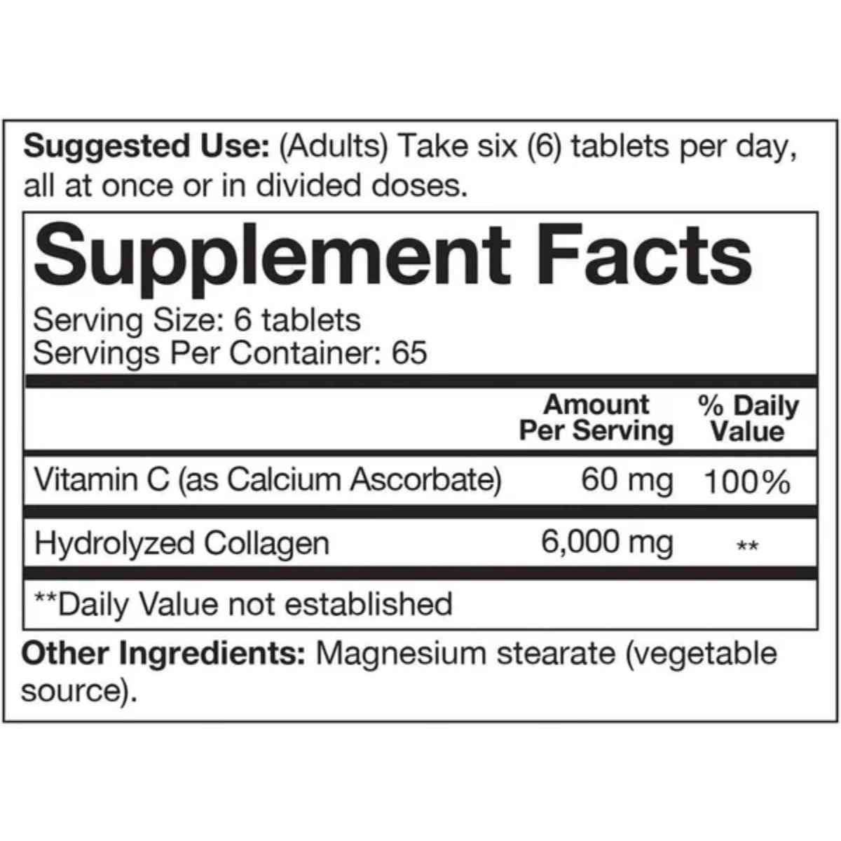 Tabla nutricional del suplemento Youtheory Colágeno Hidrolizado y Vitamina C 390 tabletas

