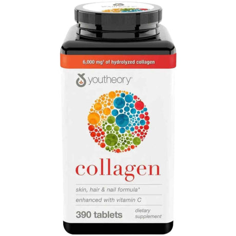 Frasco de suplemento Youtheory Colágeno Hidrolizado y Vitamina C 390 tabletas