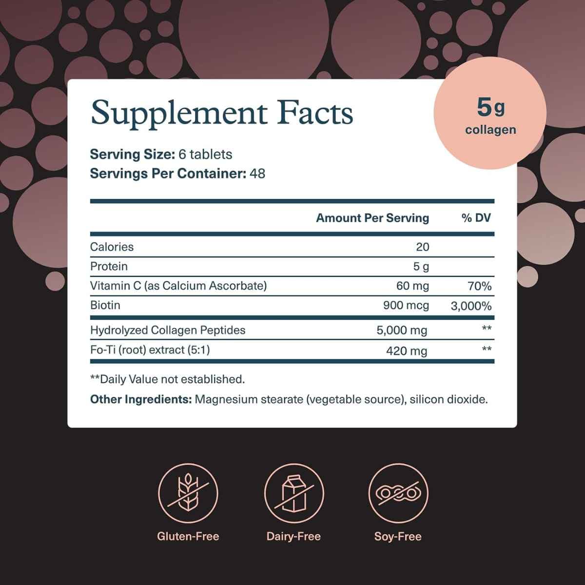 Tabla nutricional del suplemento Youtheory Péptidos de Colágeno Hidrolizado para Hombres 290 tabletas