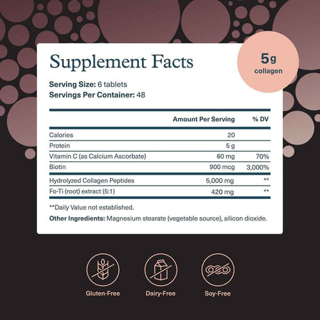 Tabla nutricional del suplemento Youtheory Péptidos de Colágeno Hidrolizado para Hombres 290 tabletas