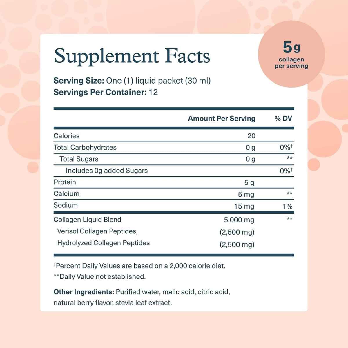 Tabla nutricional del suplemento Youtheory Colágeno Líquido Bayas 12 paquetes