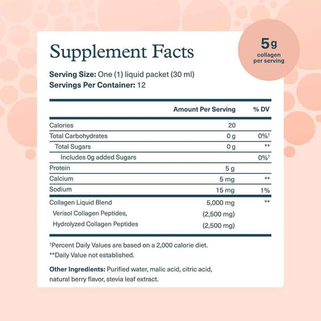 Tabla nutricional del suplemento Youtheory Colágeno Líquido Bayas 12 paquetes